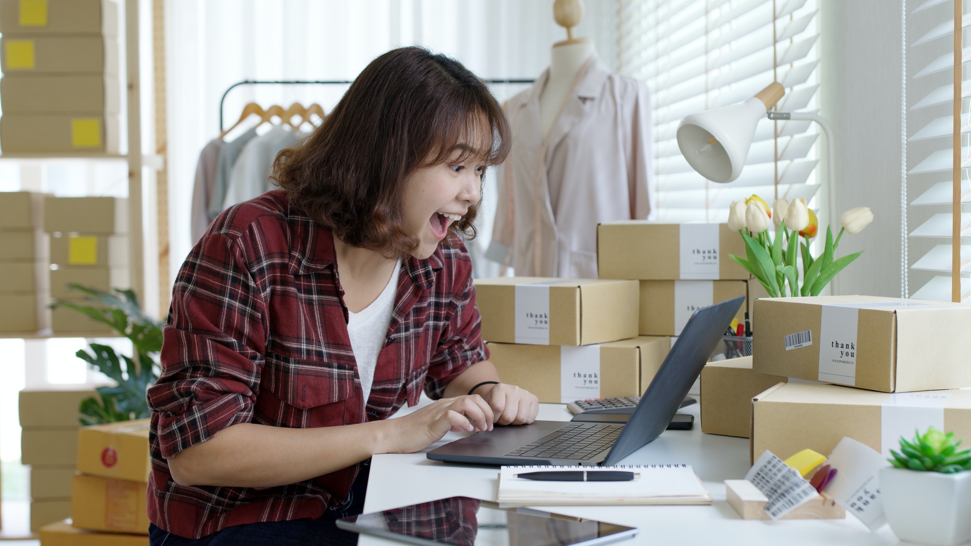 Young attractive beautiful female entrepreneur fund borrower crazy joyful ecstatic smile face